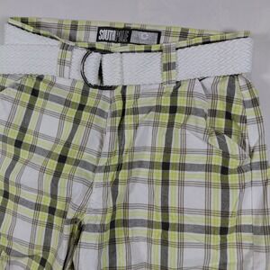 Southpole Mens Plaid Cargo Shorts Size 30 Green White Y2K Streetwear with Belt